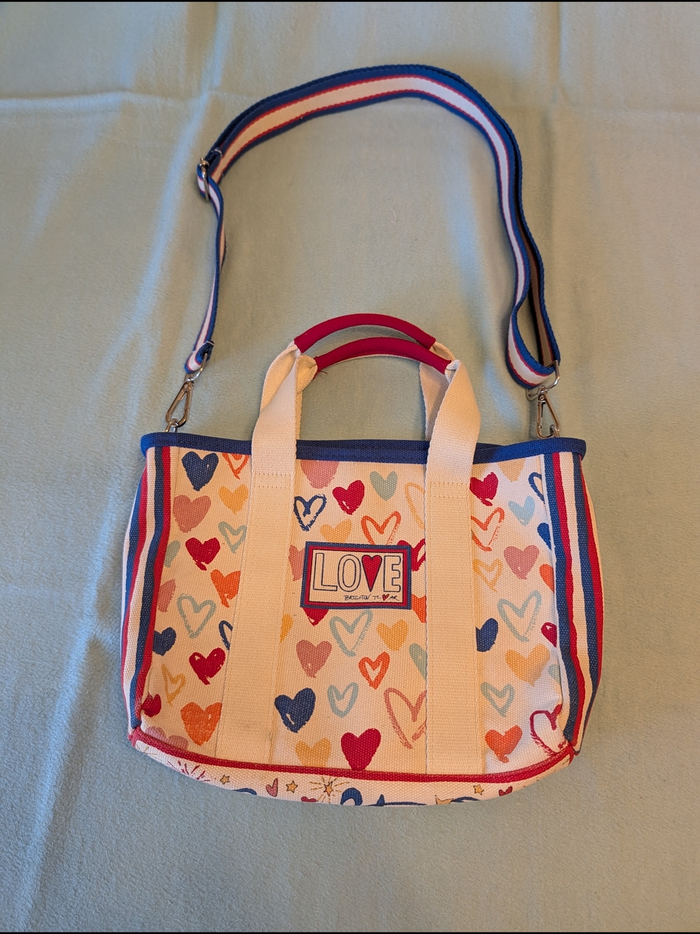 Brighton Multicolor Heart Canvas Tote with Striped Strap